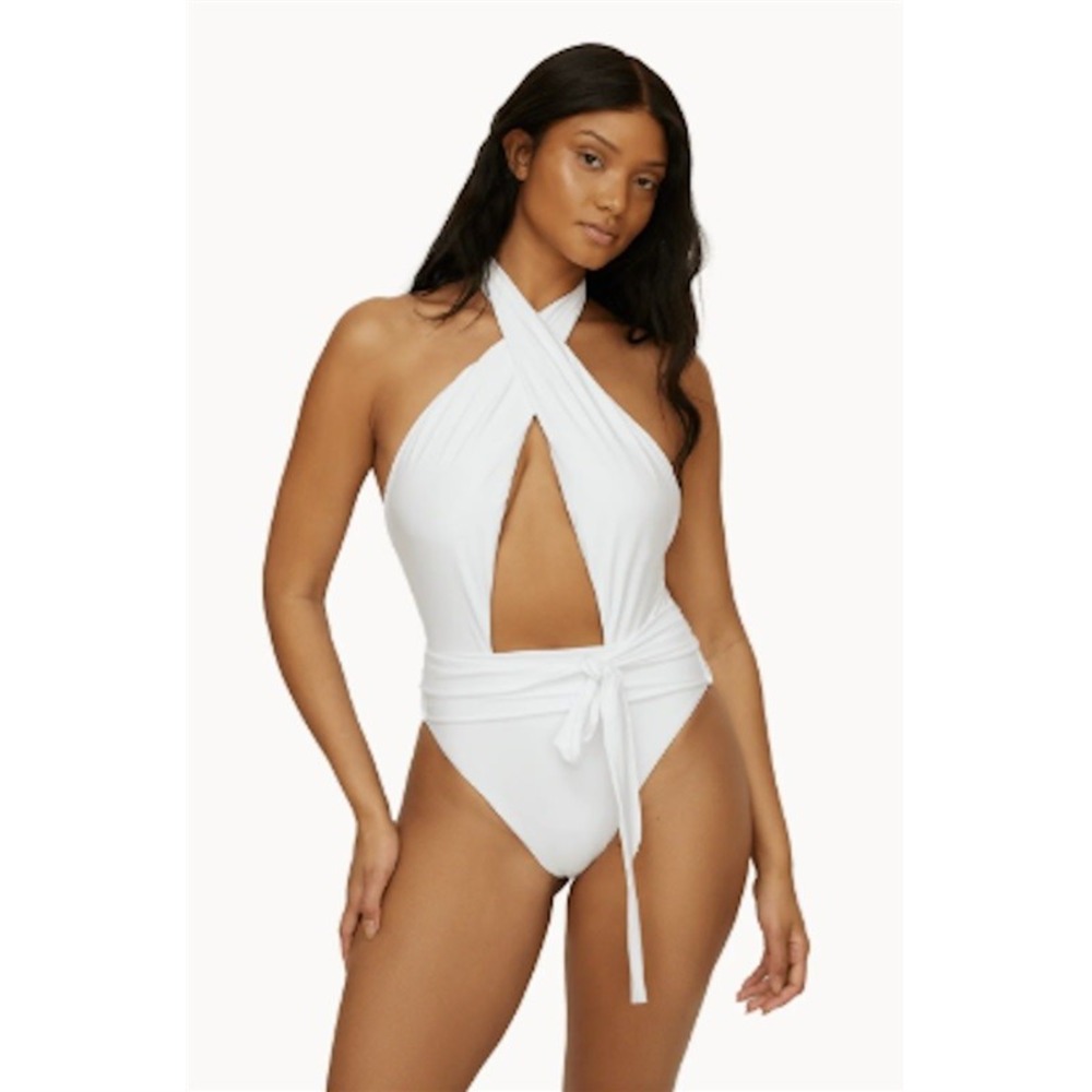 NWT PilyQ Small Alex White Deep V Wrap Print 1PC Swimsuit 128940